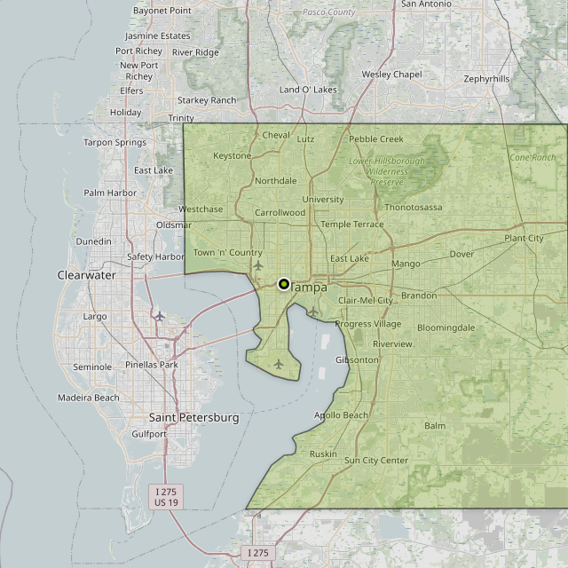 Map showing Hillsborough County around Tampa, FL