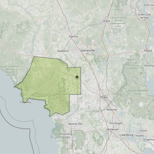 Map showing Levy County around Williston, FL