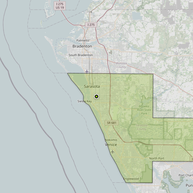 Map showing Sarasota County around Sarasota, FL