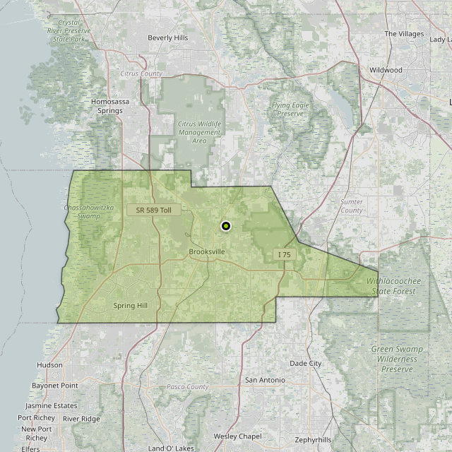 Map showing Hernando County around Brooksville, FL