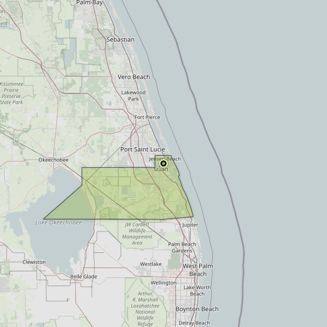 Map showing Martin County around Jensen Beach, FL