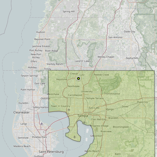 Map showing Hillsborough County around Lutz, FL