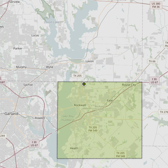 Map showing Rockwall County around Rockwall, TX