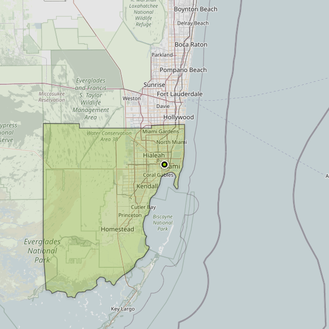 Map showing Miami-Dade County around Miami, FL