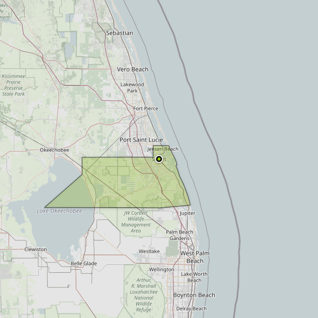 Map showing Martin County around Stuart, FL