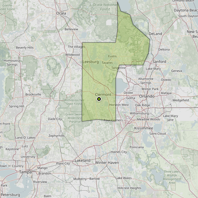 Map showing Lake County around Clermont, FL