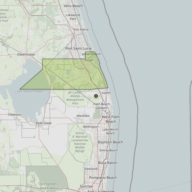 Map showing Martin County around Jupiter, FL
