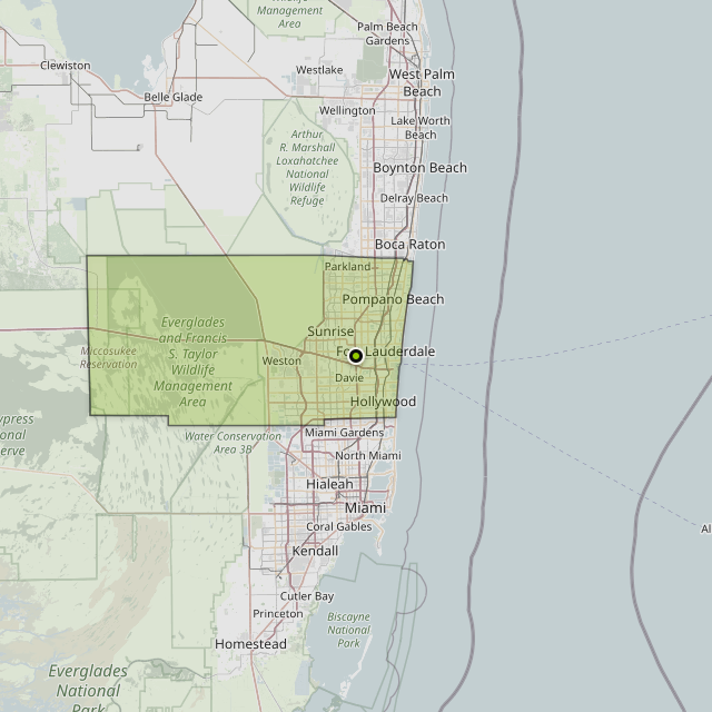 Map showing Broward County around Plantation, FL