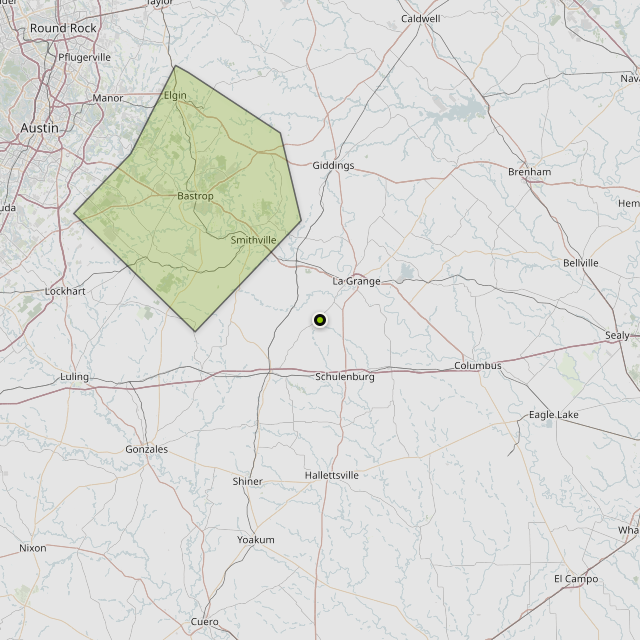 Map showing Bastrop County around La Grange, TX