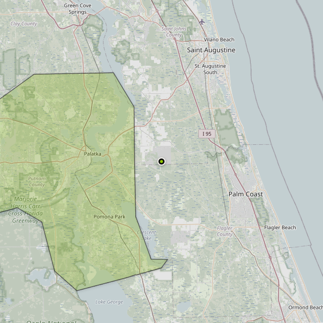 Map showing Putnam County around Hastings, FL
