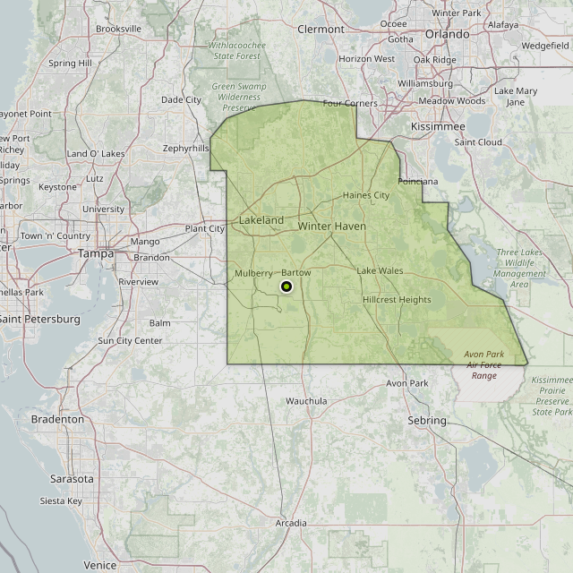 Map showing Polk County around Bartow, FL