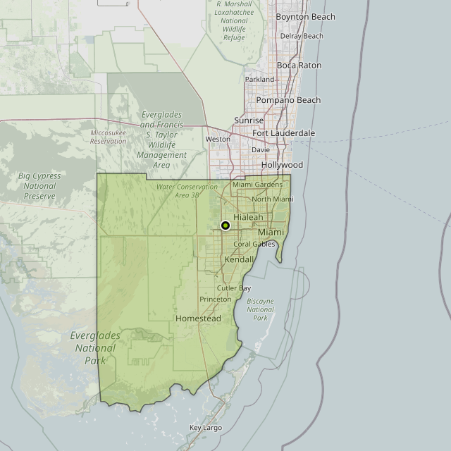 Map showing Miami-Dade County around Miami, FL
