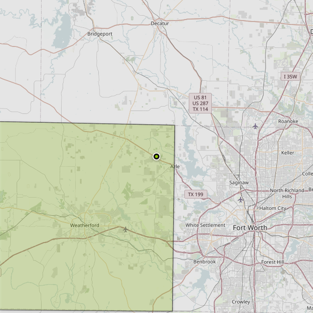 Map showing Parker County around Springtown, TX