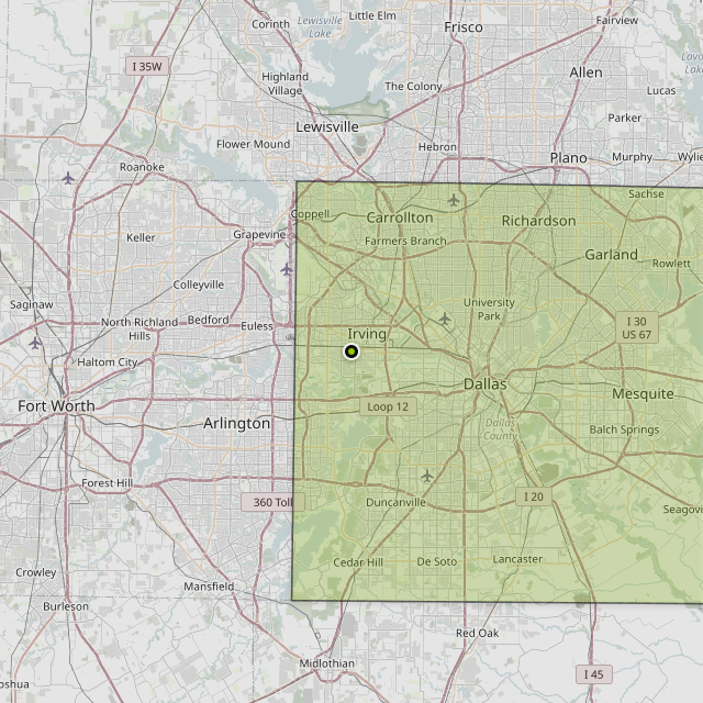 Map showing Dallas County around Irving, TX