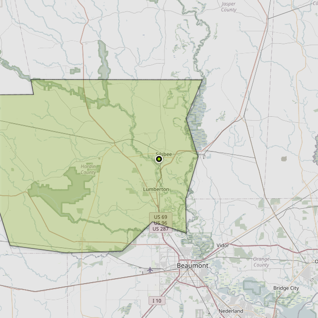 Map showing Hardin County around Silsbee, TX