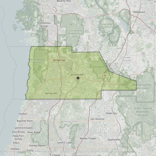 Map showing Hernando County around South Brooksville, FL