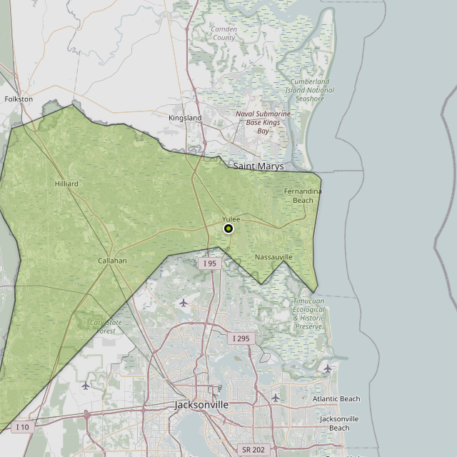 Map showing Nassau County around Yulee, FL