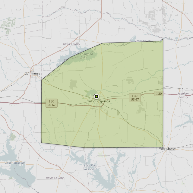 Map showing Hopkins County around Sulphur Springs, TX