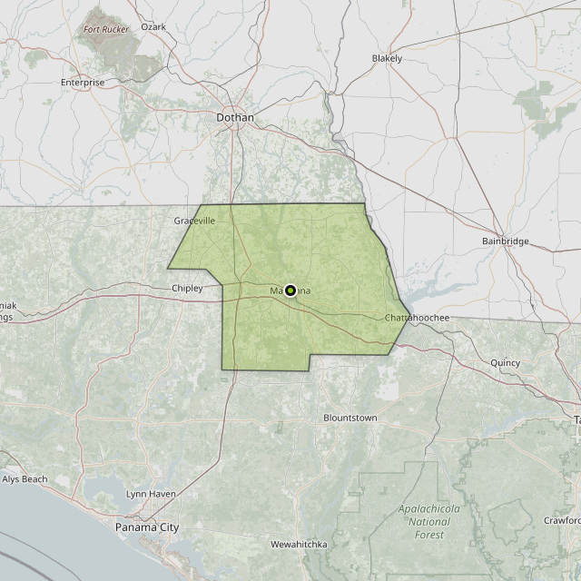 Map showing Jackson County around Marianna, FL