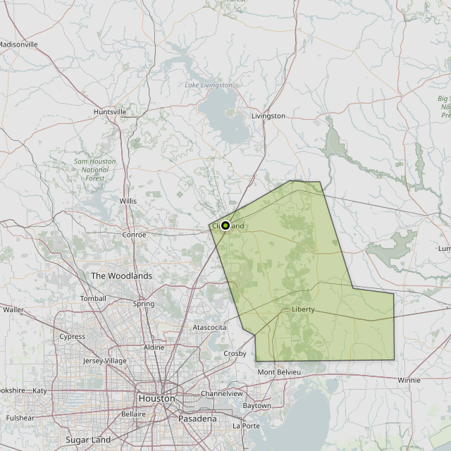 Map showing Liberty County around Cleveland, TX