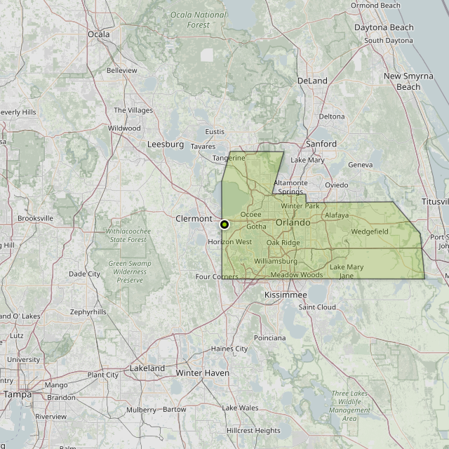 Map showing Orange County around Oakland, FL