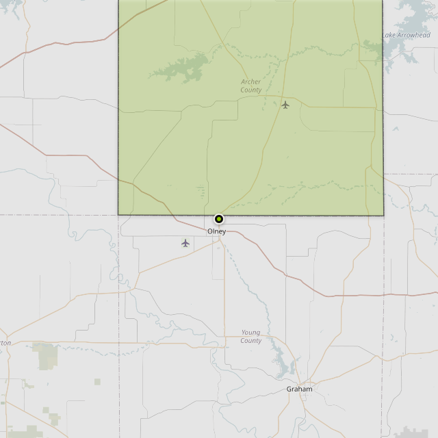 Map showing Archer County around Olney, TX