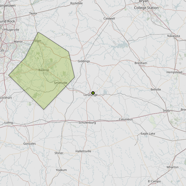 Map showing Bastrop County around La Grange, TX