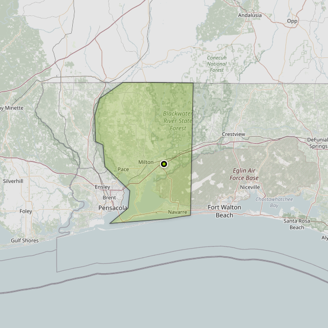 Map showing Santa Rosa County around Milton, FL