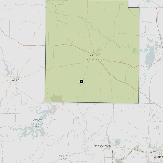 Map showing Jack County around Jacksboro, TX