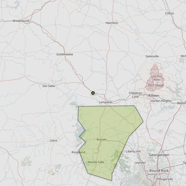 Map showing Burnet County around Lampasas, TX
