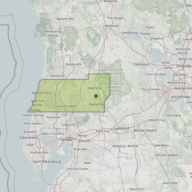 Map showing Pasco County around Dade City, FL