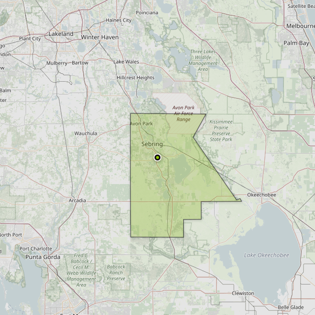 Map showing Highlands County around Sebring, FL