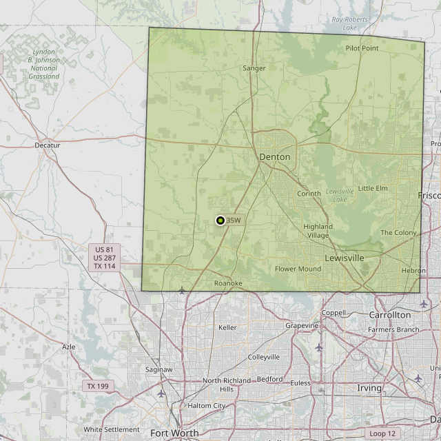 Map showing Denton County around Justin, TX
