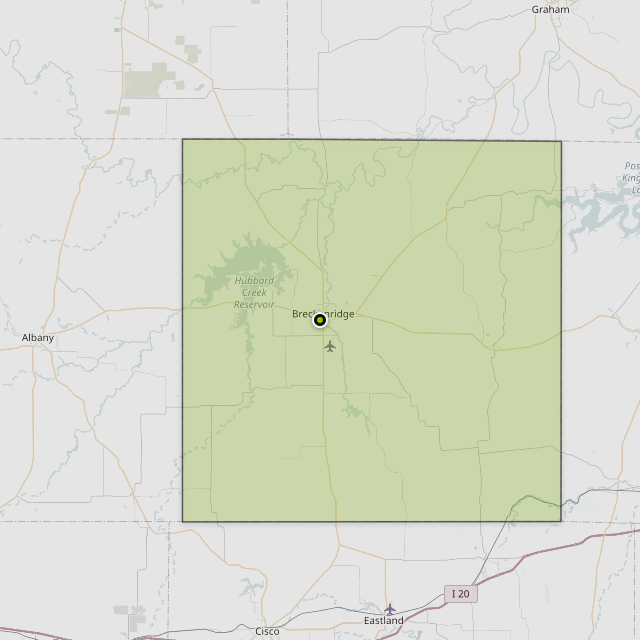 Map showing Stephens County around Breckenridge, TX