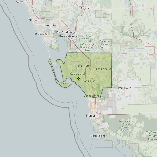 Map showing Lee County around Fort Myers, FL