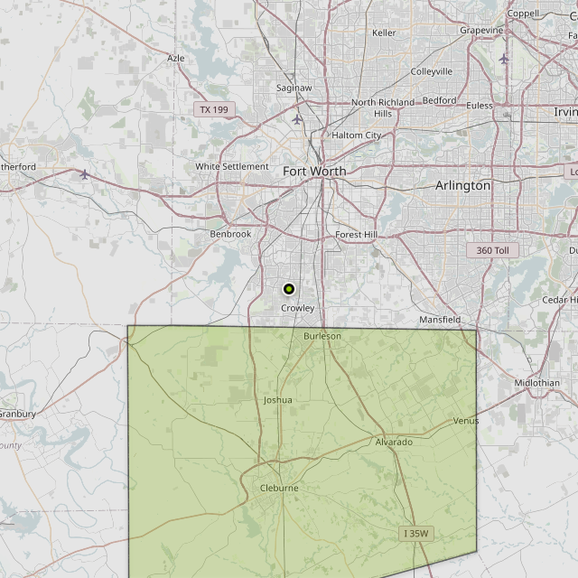 Map showing Johnson County around Crowley, TX