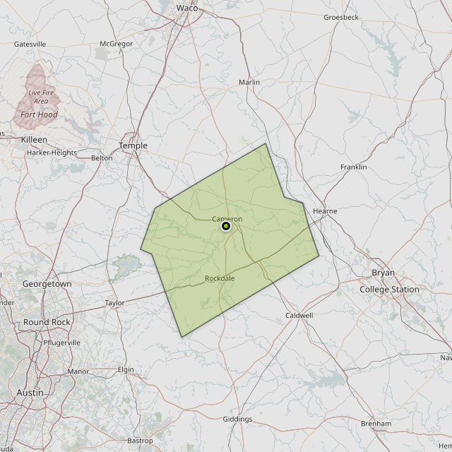 Map showing Milam County around Cameron, TX