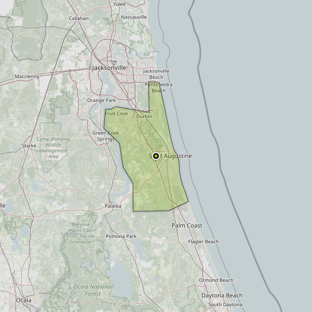 Map showing St. Johns County around St. Augustine, FL