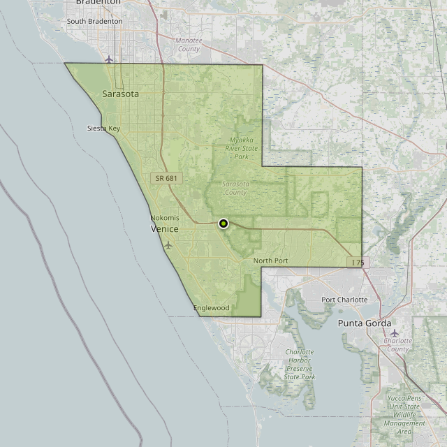 Map showing Sarasota County around Venice, FL