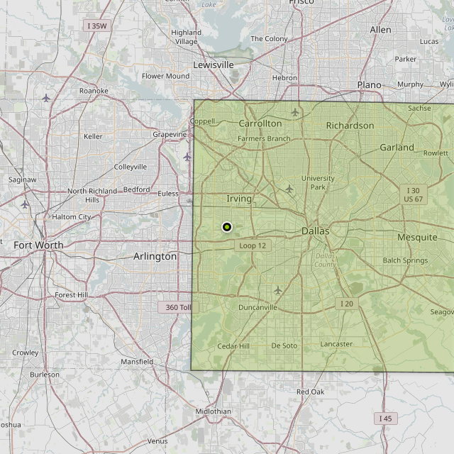 Map showing Dallas County around Irving, TX