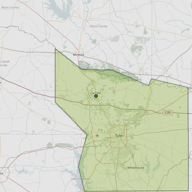 Map showing Smith County around Lindale, TX