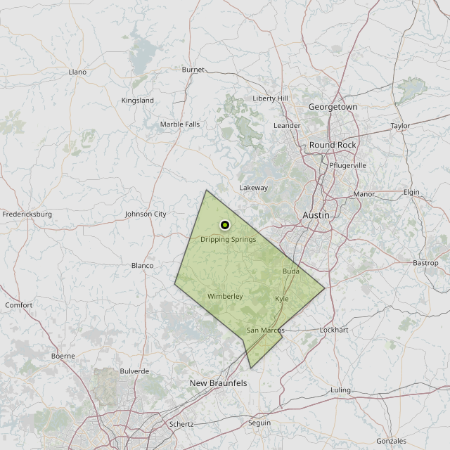 Map showing Hays County around Dripping Springs, TX