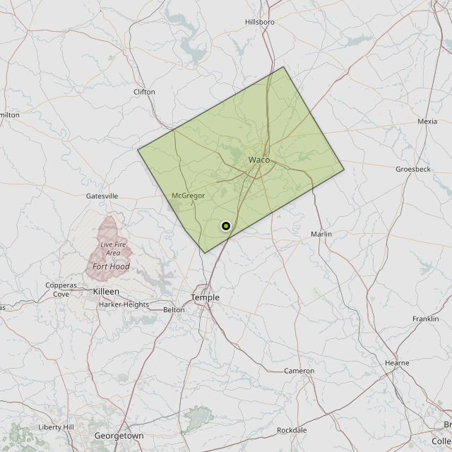 Map showing McLennan County around Bruceville-Eddy, TX