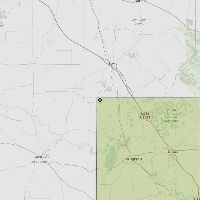Map showing Wise County around Bowie, TX