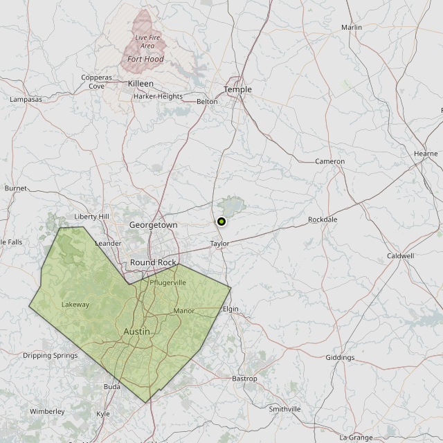 Map showing Travis County around Taylor, TX