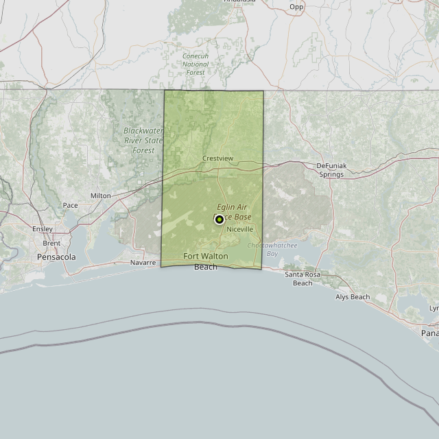 Map showing Okaloosa County around Valparaiso, FL