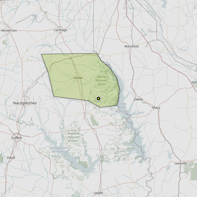Map showing Shelby County around Shelbyville, TX