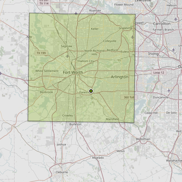 Map showing Tarrant County around Fort Worth, TX