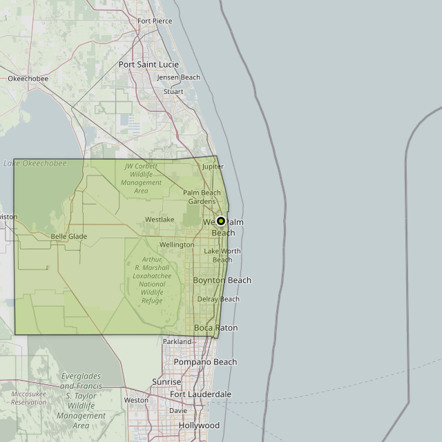Map showing Palm Beach County around West Palm Beach, FL