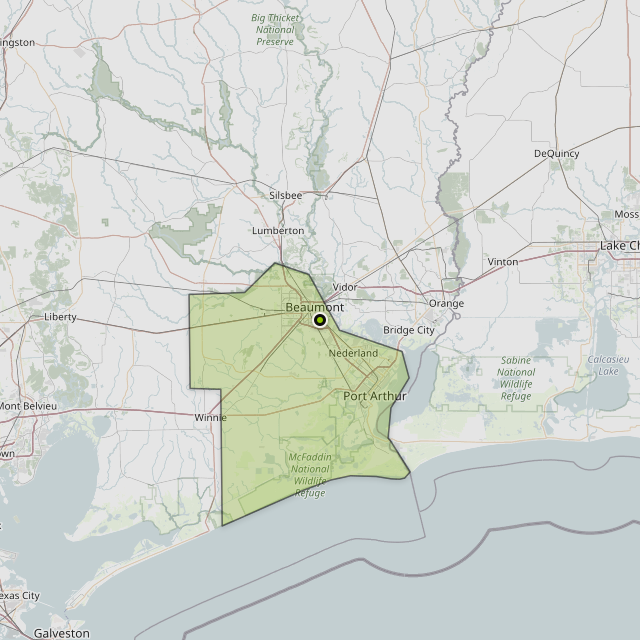 Map showing Jefferson County around Beaumont, TX